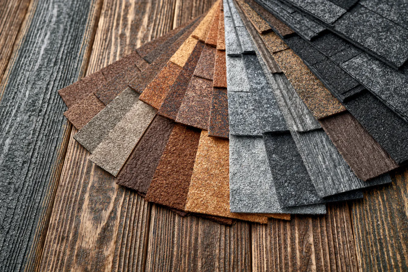 Asphalt shingle color samples arranged in a fan across wooden planks