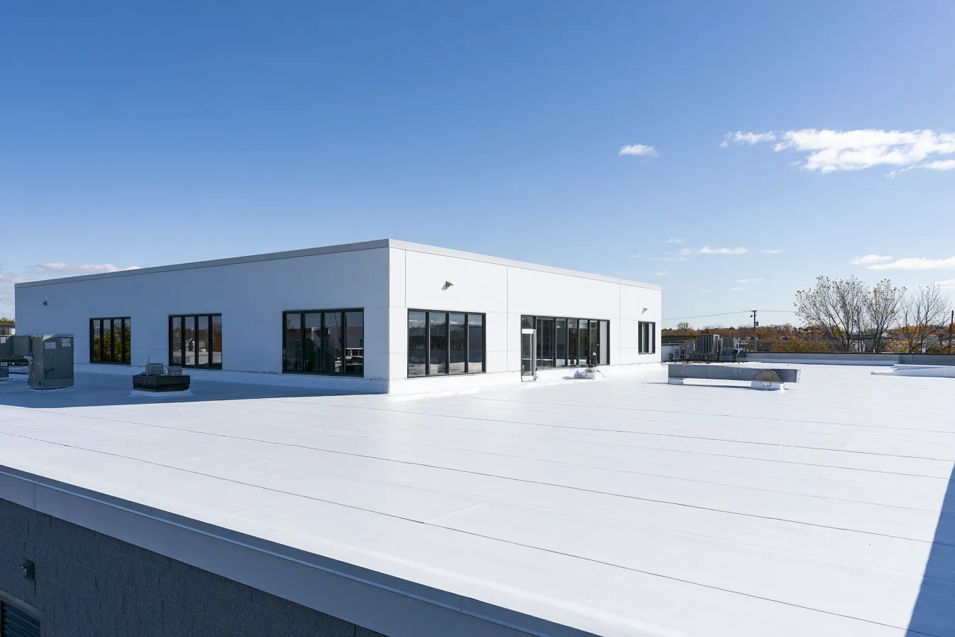Single-story office building topped by a white membrane roof with rooftop units