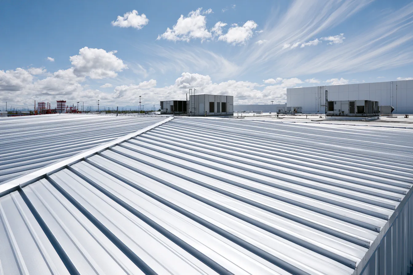 Light gray commercial metal roof from above