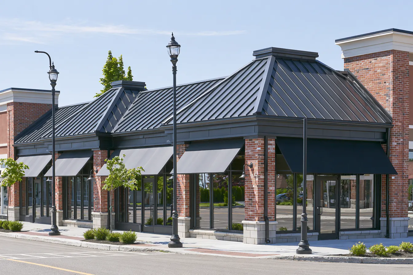 Single-story commercial building under a dark metal roof