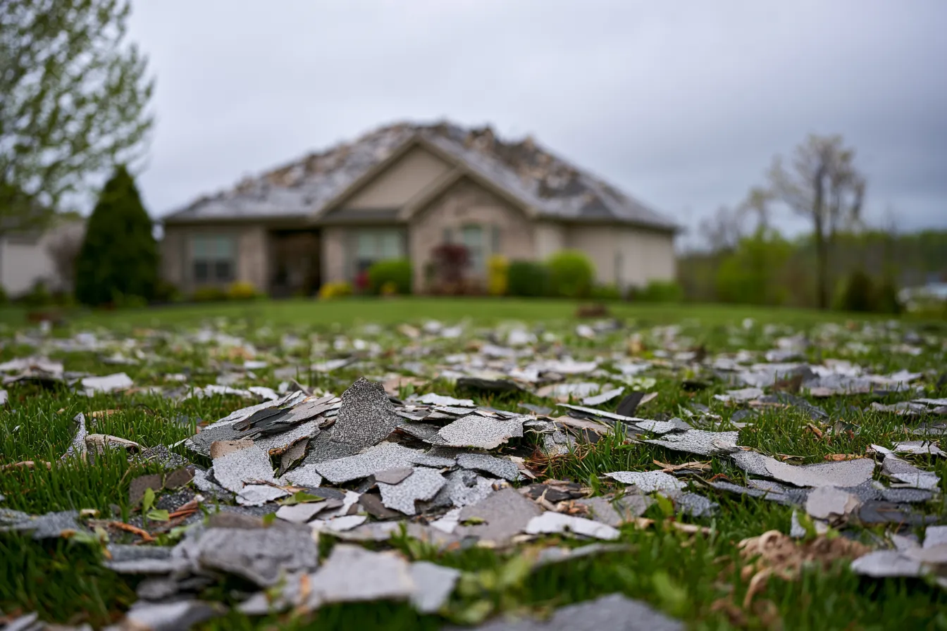 A lawn scattered with broken shingle fragments sits before a storm-damaged house roof